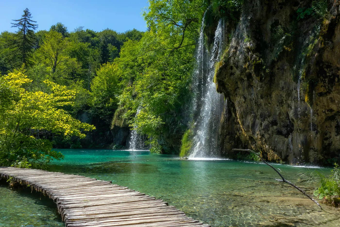 Beautiful view of a waterfall with greenary and a path 
