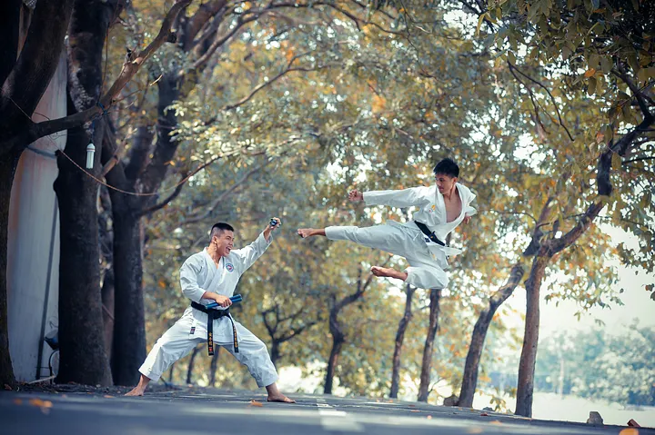 Two fighter with beautiful trees behind them 